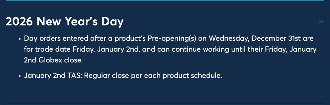 New Year Holiday Trading Schedule (20252026) Notes