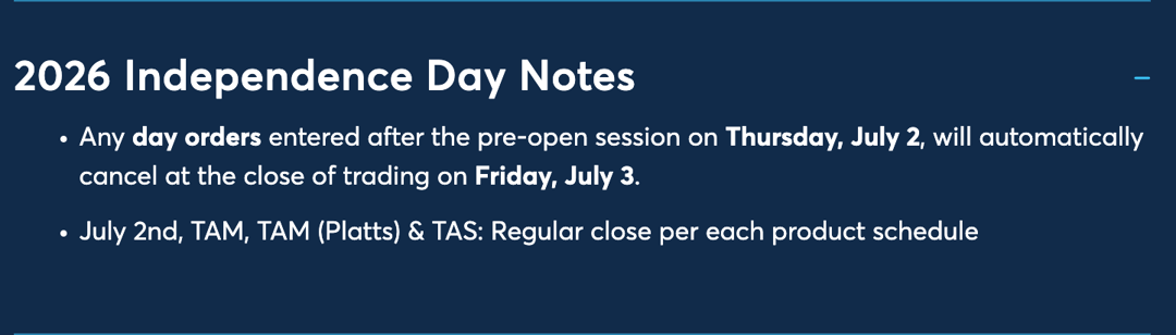 US Independence Day Holiday Trading Schedule - 2026 - notes